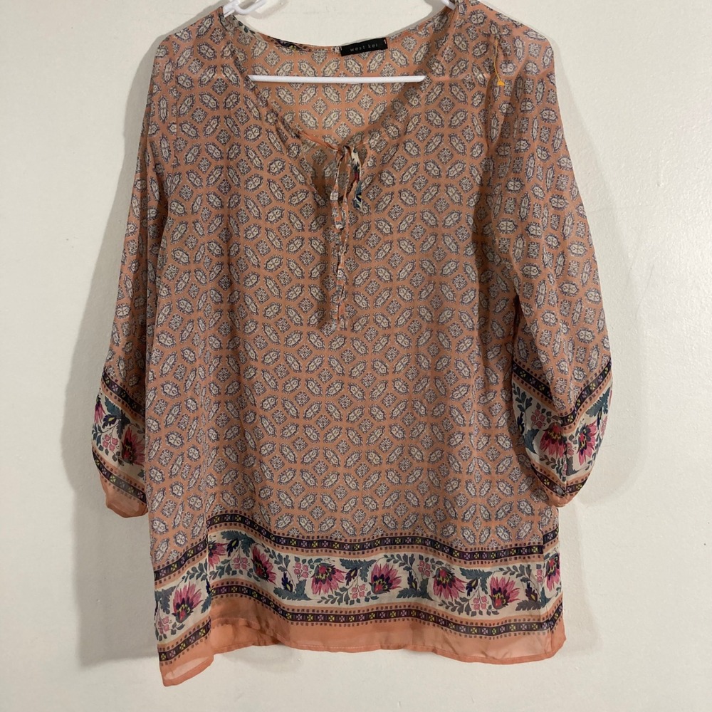 West Kei‎ Tunic Blouse Womens Small Peach Floral Geometric Sheer 3/4 Sleeve Boho